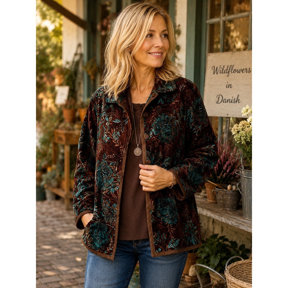Coldwater Creek Reversible Tapestry Jacket PM Brown Teal Floral Boho Velvet - Picture 2 of 9